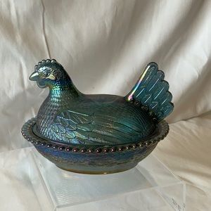 Indian glass Carnival Blue Hen on a Nest
